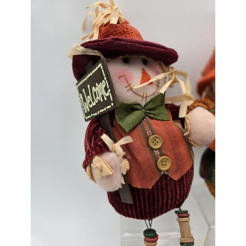 Scarecrow Couple Shelf Sitters Spool Bead Legs Welcome Sign‎ Autumn Decor 17